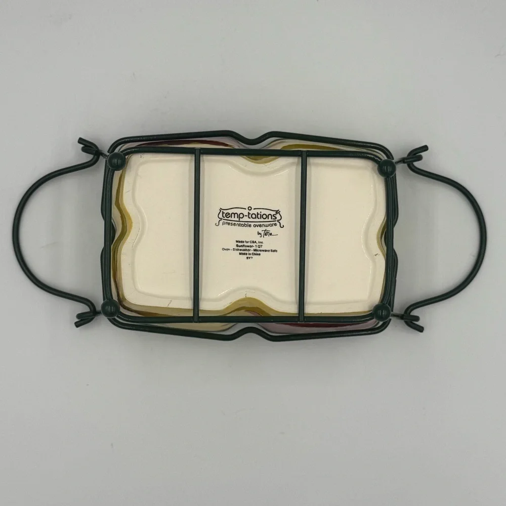 Temptations Sunflower Presentable Ovenware 1qt Casserole and Green Wire Basket